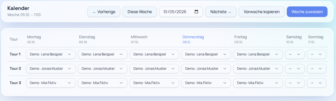PickupOS Kalender mit Fahrerplanung (Beispieldaten)