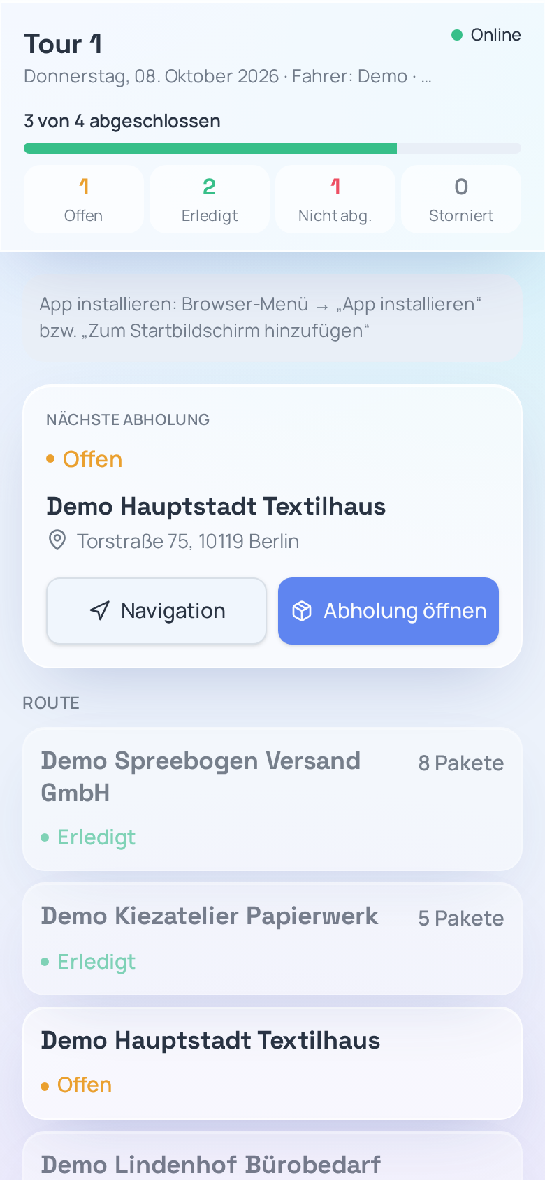 PickupOS Fahrer-App mit der heutigen Tour (Beispieldaten)
